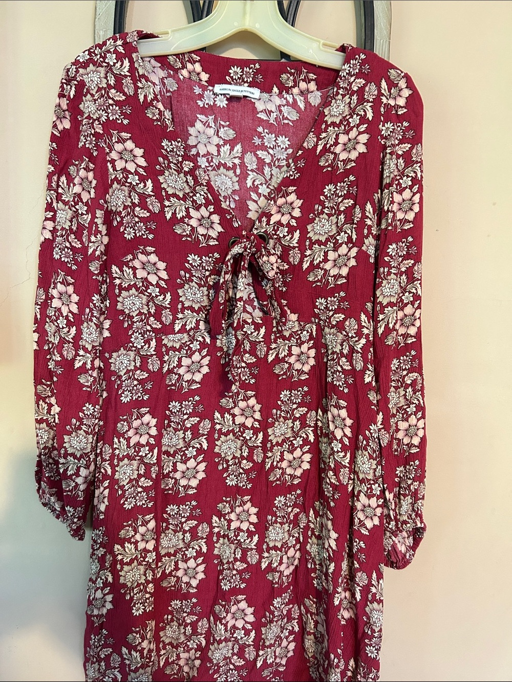 American Eagle Outfitters Burgundy Floral Tie-Front Tunic